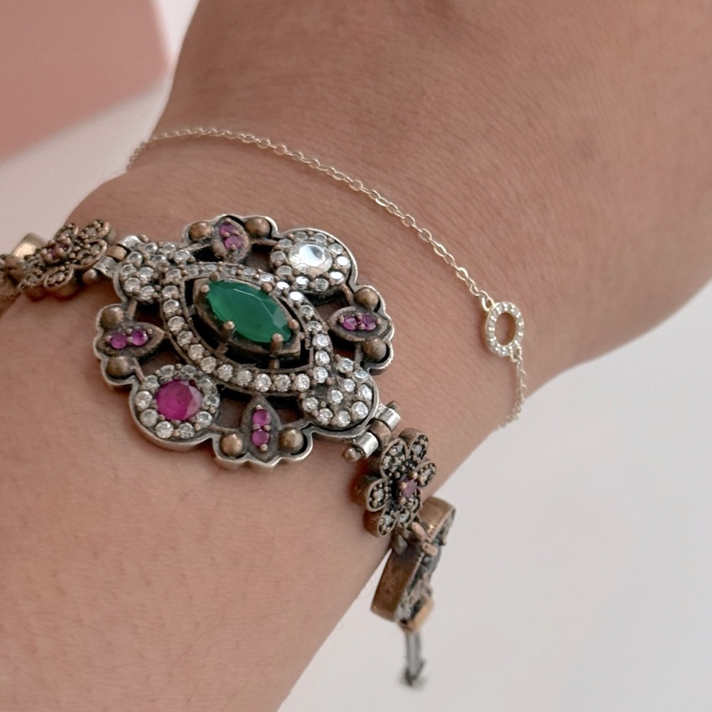 Elegant Emerald and Ruby Intricately Carved Sterling Silver Bracelet